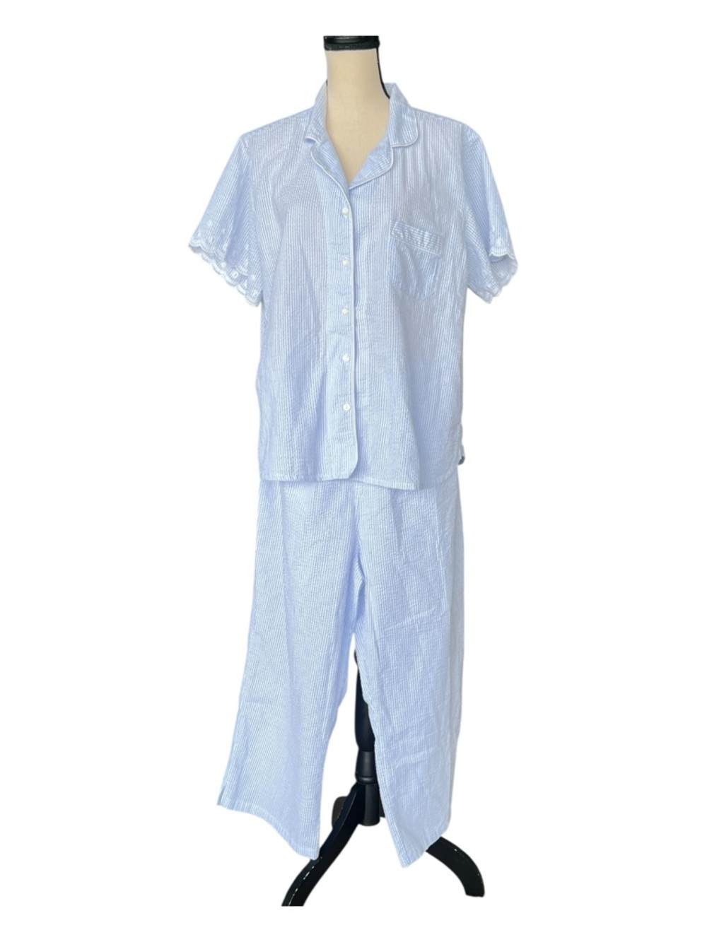 Miss Elaine Blue & White Seersucker Pajama Set - XL - Eyelet Trim 🩵